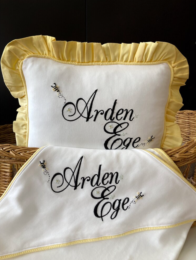 Handmade Male Bee Set (Overalls, hat, blanket, pillow)