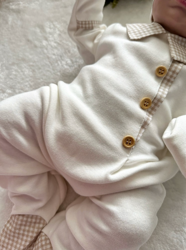Milky Coffee Plaid Fabric Detailed Newborn Romper and Hat