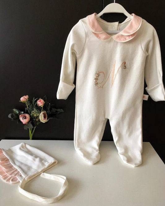 Hand Embroidered Salmon Colored Overalls and Hat with Initials