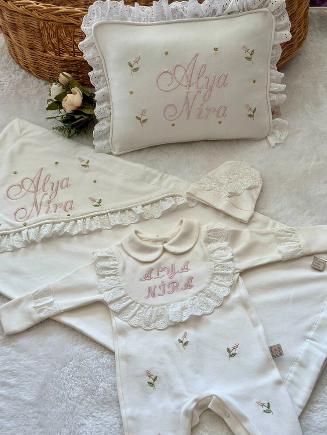 Scattered Floral Set - Double Name Writable (Overalls, hat, blanket, pillow)