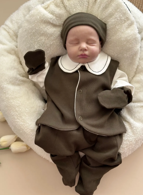 Khaki 5-Piece Hospital Set (Vest, Snap Bodysuit, Pleated Trousers, Beanie, Gloves)