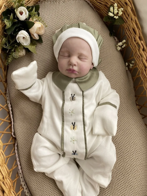 Khaki Hand Embroidered Butterfly Overalls and Hat