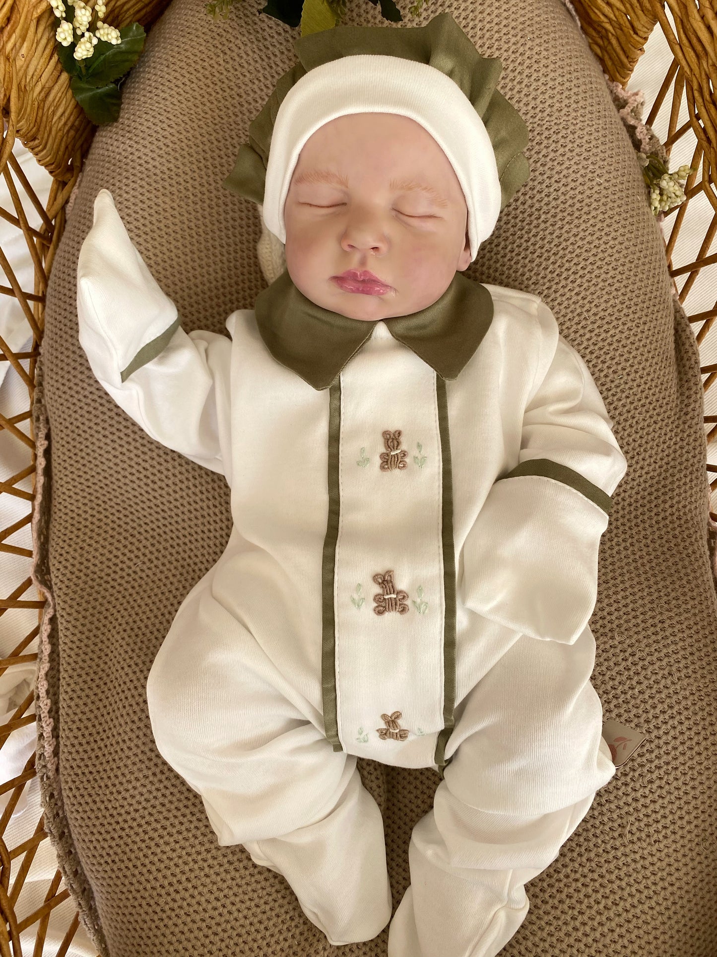 Hand Embroidered Teddy Bear Overalls and Ruffled Beanie Hat - Khaki