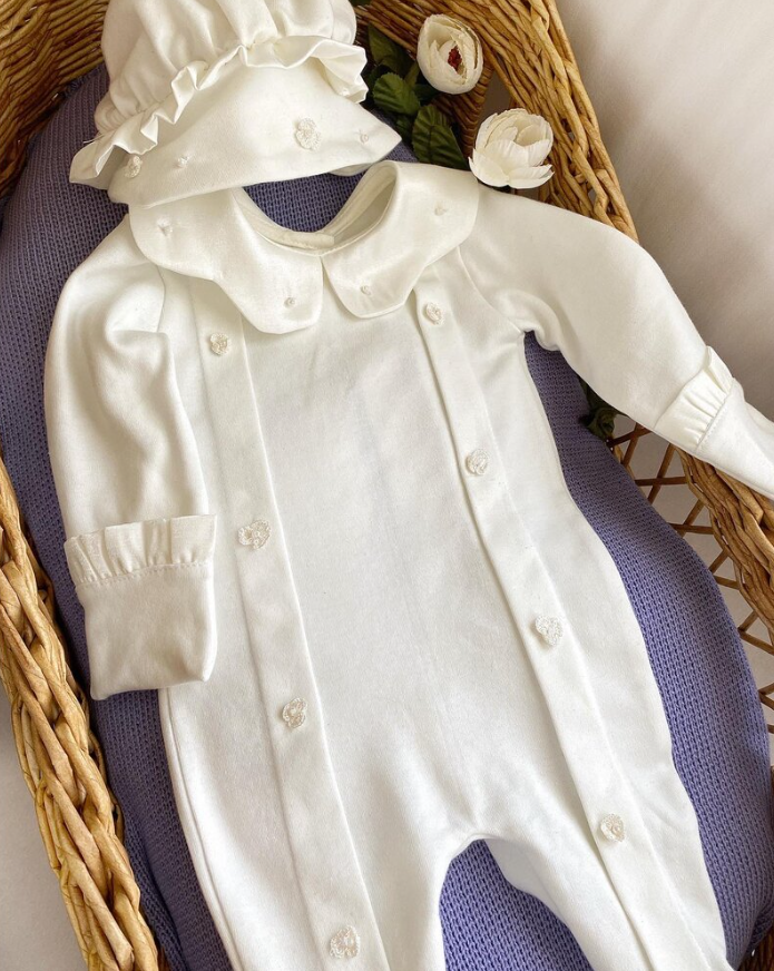 Pearl Flower Newborn Romper and Hat
