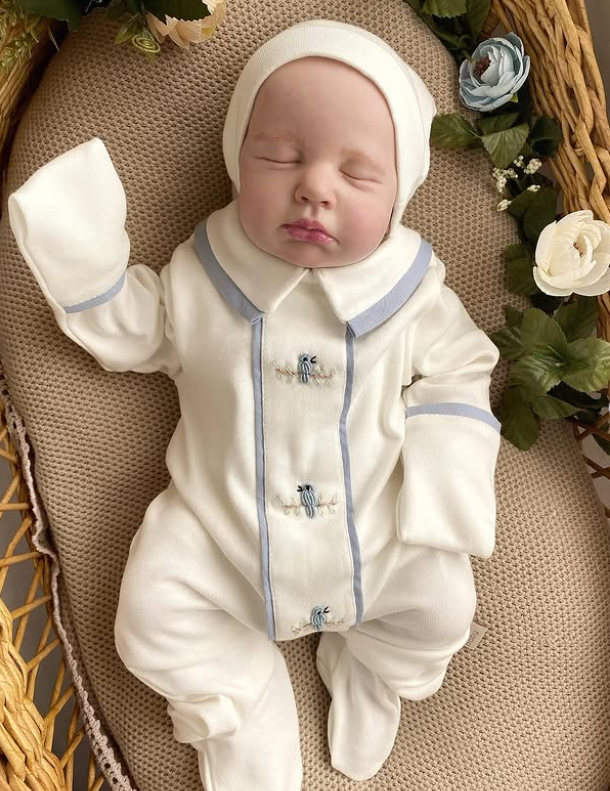 Hand Embroidered Blue Bird Newborn Onesie and Hat