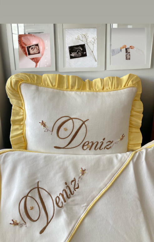 Hand Embroidered Girl Bee Set (Overalls, hat, blanket, pillow)