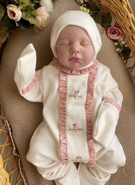 Hand Embroidered Girl Bird Overalls and Hat