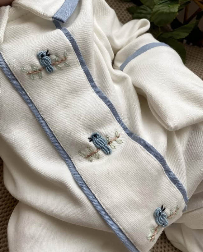 Hand Embroidered Blue Bird Newborn Onesie and Hat
