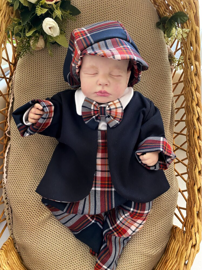 Navy Blue Plaid Suit (Snap-On Bodysuit, Bow Tie, Bootie Trousers, Reversible Jacket, Cap)