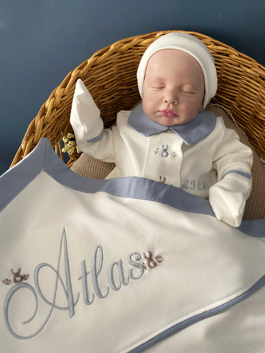 Blue Handmade Rabbit Set (Overalls, hat, blanket, pillow)