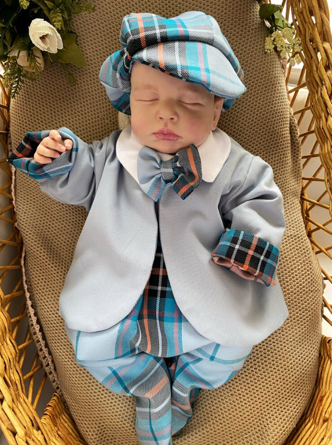 Blue Plaid Suit (Snap-On Bodysuit, Bow Tie, Bootie Trousers, Reversible Jacket, Cap)
