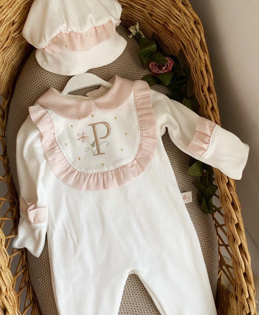 Pink Ruffled Initial Jumpsuit and Hat