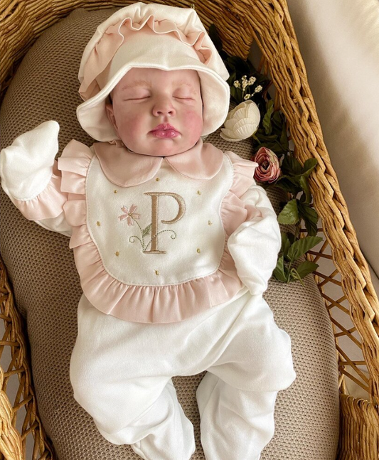 Pink Ruffled Initial Jumpsuit and Hat