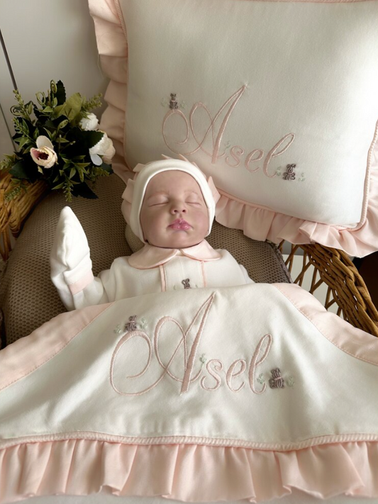 Hand Embroidered Pink Teddy Bear Set