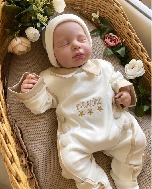 Sütlü Kahve Düğmeli Tulum ve Şapkası