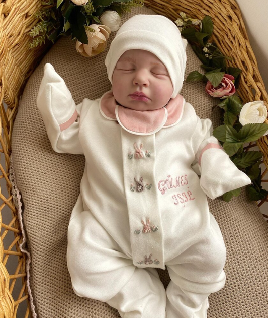 Hand Embroidered Girl's Bunny Overalls Hat