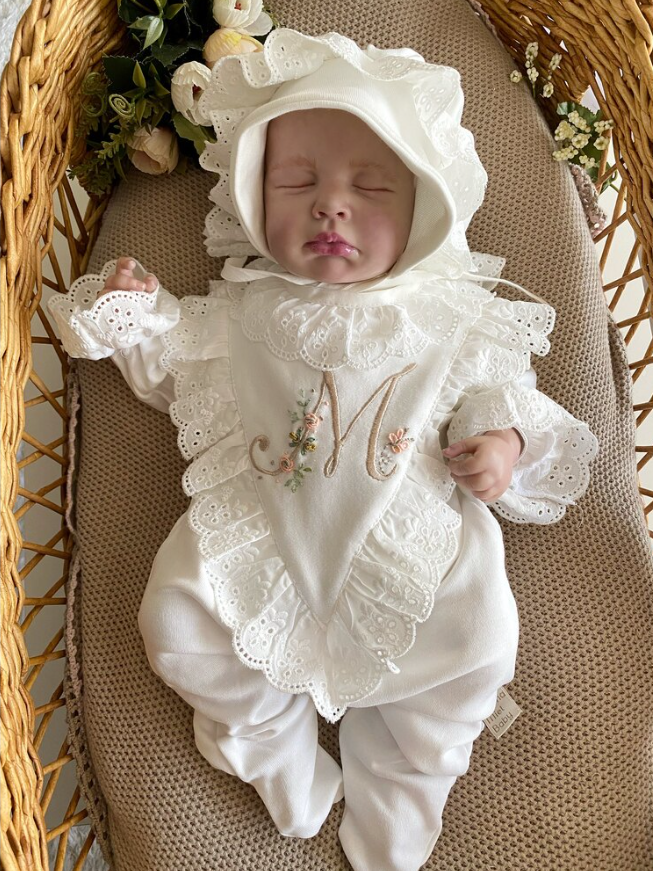 V-Neck Overalls and Hat with Initial Detail