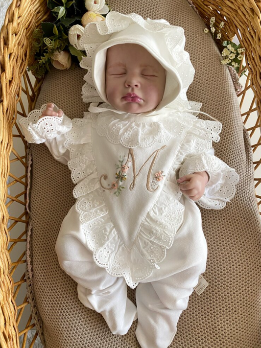 V-Neck Overalls and Hat with Initial Detail