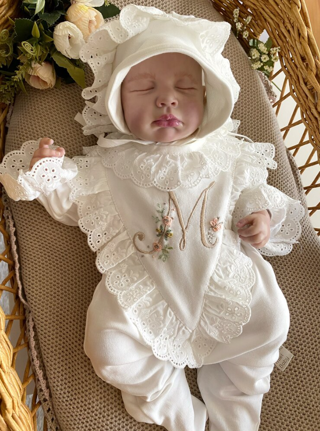 V-Neck Overalls and Hat with Initial Detail