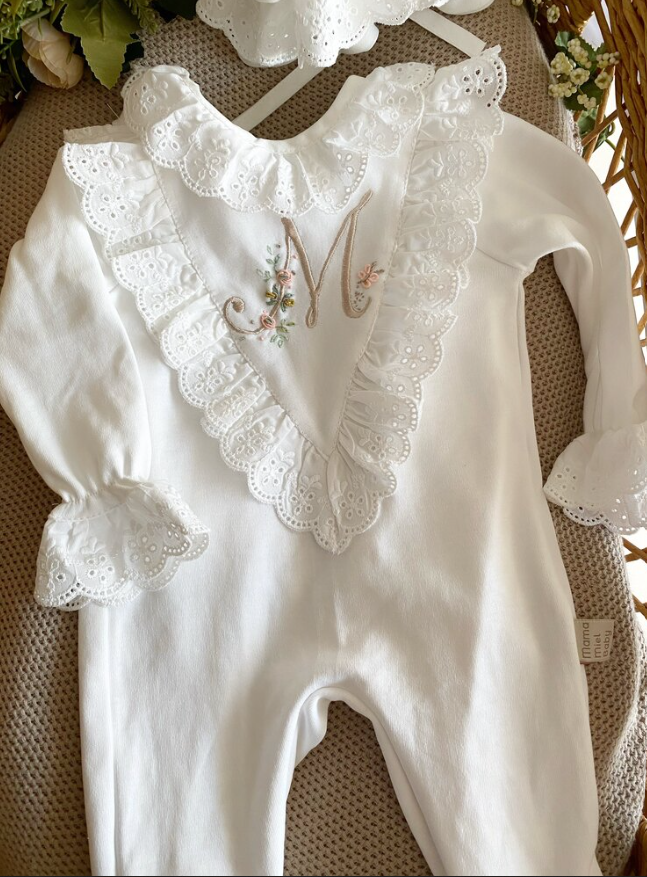 V-Neck Overalls and Hat with Initial Detail